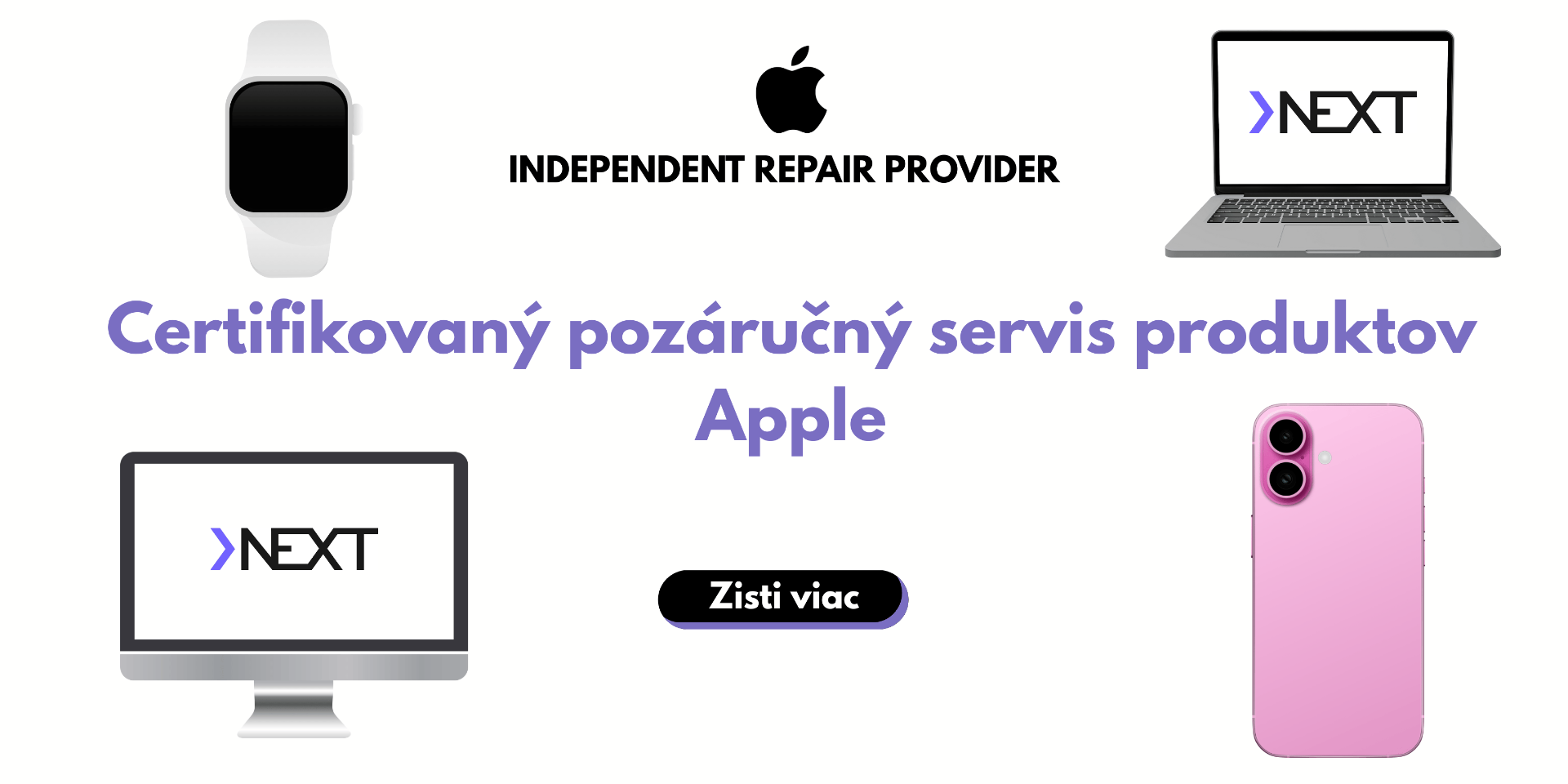 Grafika s hodinkami, notebookom a smartfónom, textom „Certifikovaný pozáručný servis produktov Apple“.